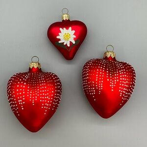 Red Matte Glass Heart Ornaments Vintage 90s Set of 3